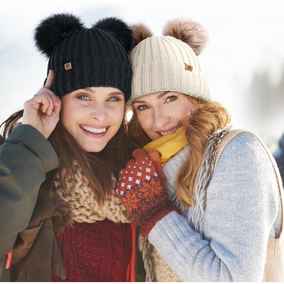 Double Pom Pom Beanie for Women Girls Warm Fleece Lined Knit Black Winter Hat - Picture 8 of 8